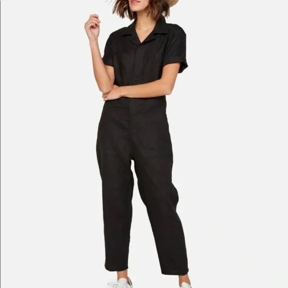 MATE The Label Linen Short-Sleeve Jumpsuit Black Organic Utility Coveralls XS